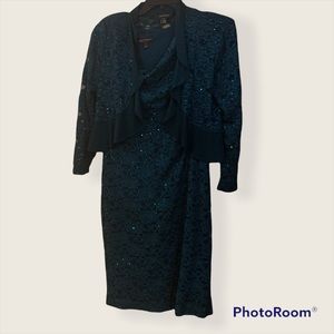 Green sequence dress with matching over jacket.
